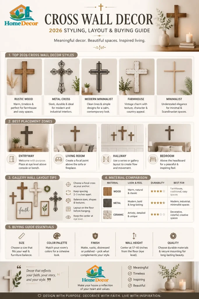“Minimalist neutral-tone infographic showcasing 2026 cross wall decor styling ideas, best placement tips, gallery wall layouts, and buying guidance for modern home interiors.”