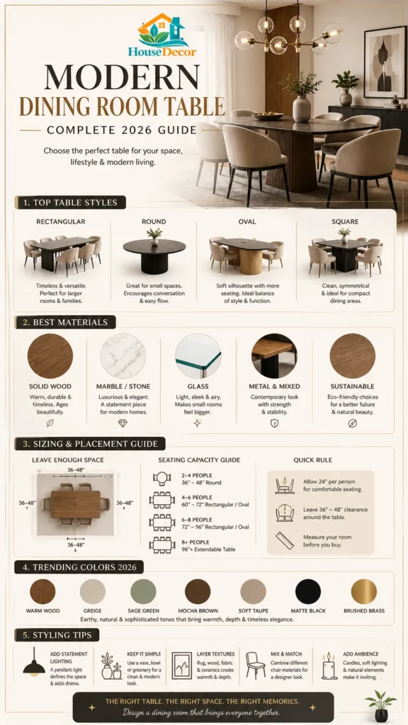  “Luxury modern dining room table infographic – 2026 guide showcasing table styles, materials, sizes, colors, and styling tips.”
