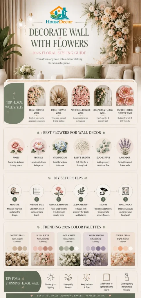  “A luxury-modern infographic showing the 2026 guide on how to decorate a wall with flowers, featuring floral wall styles, best flowers for décor, DIY steps, and trending color palettes in a neutral contemporary living room.”