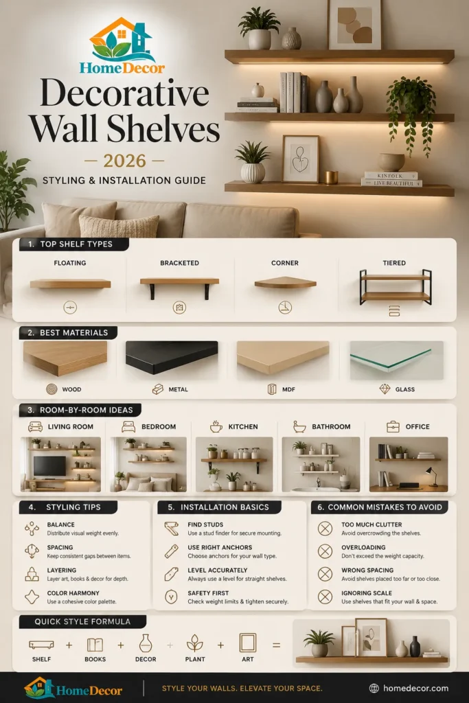 Decorative wall shelves ideas 2026 showing modern floating shelves, stylish home decor setup, and step-by-step styling and installation guide for living rooms and bedrooms.