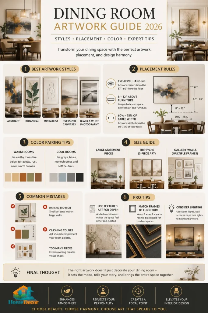 “Infographic showing the 2026 Dining Room Artwork Guide with art styles, placement rules, color pairing tips, size recommendations, and expert interior design advice.”