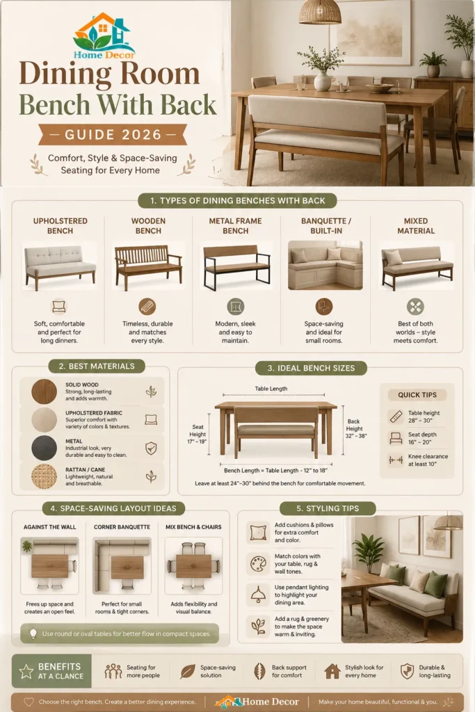“Modern infographic showing types, sizing tips, materials, and styling ideas for a dining room bench with back in 2026.”