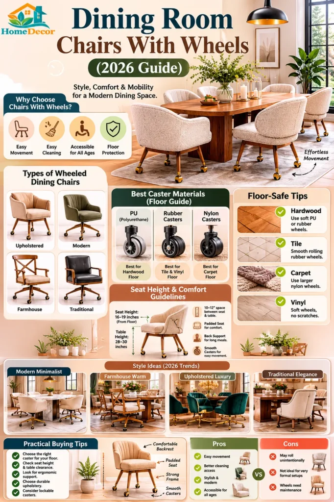 “Infographic showing the 2026 guide to dining room chairs with wheels, including chair types, floor-safe caster options, comfort tips, and modern dining room style ideas.”