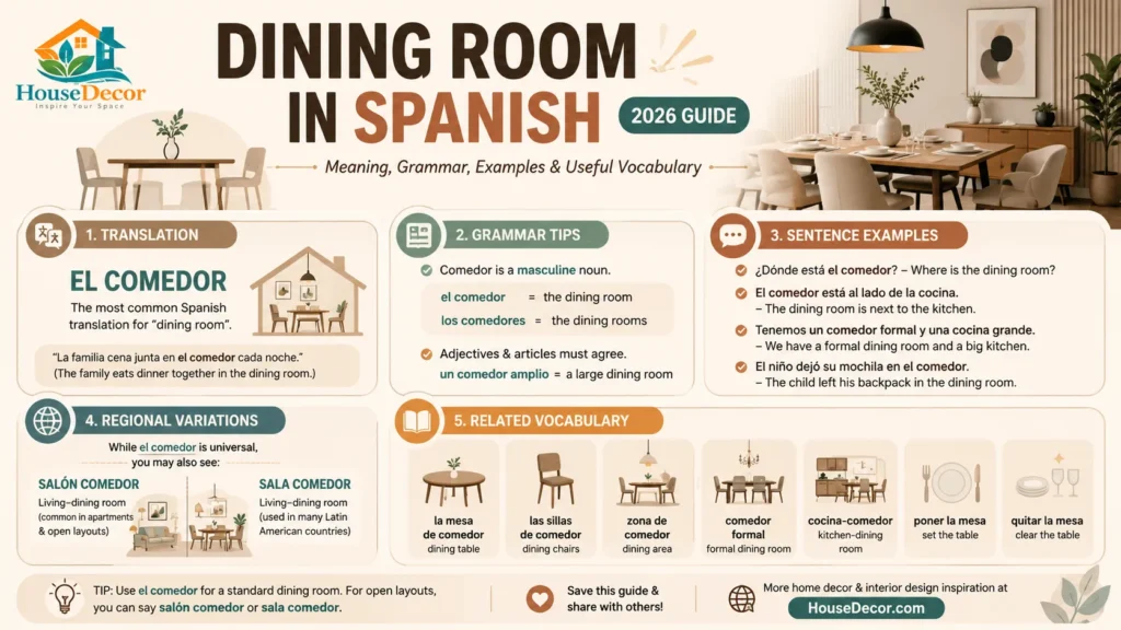 “Infographic explaining how to say dining room in Spanish with translation el comedor, grammar rules, examples, and related vocabulary.”