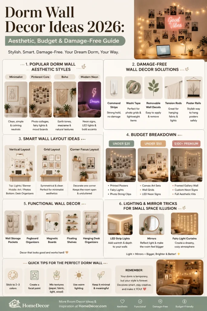 Dorm wall decor infographic for 2026, featuring aesthetic ideas, budget-friendly setups, damage-free solutions, and small-space dorm room design tips.