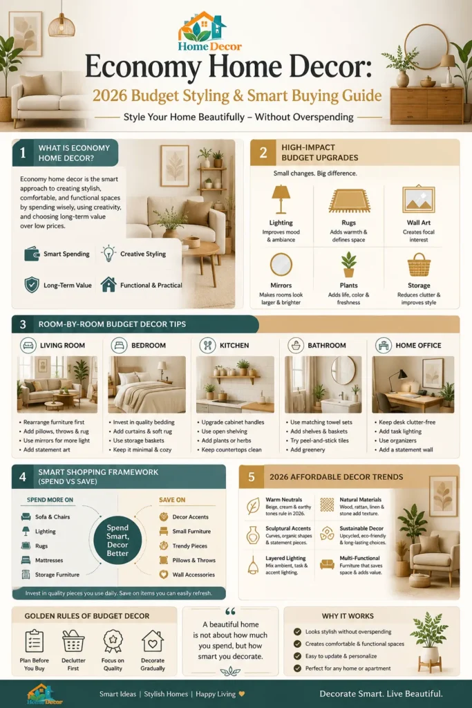 “Infographic showing economy home decor ideas for 2026 with budget styling tips, smart shopping strategies, high-impact upgrades, and affordable room-by-room decorating examples in a modern neutral Pinterest-style layout.”