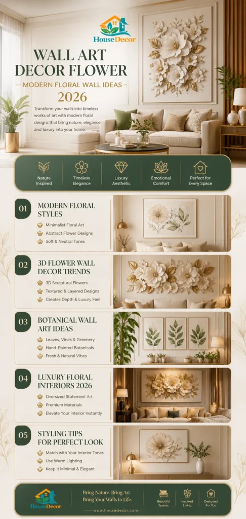 Wall art decor flower infographic showcasing modern floral wall design ideas for 2026, including 3D floral decor, botanical styles, and luxury interior trends.