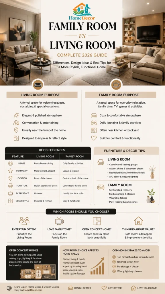  Luxury modern infographic comparing family room vs living room, showing key differences, furniture ideas, room purposes, and design tips in a vertical 2026 guide.