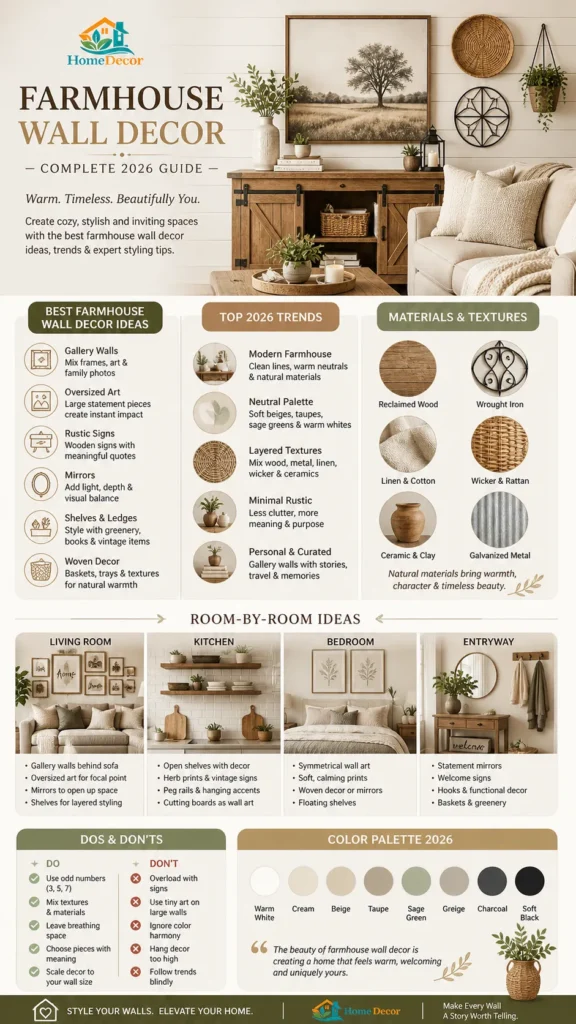 “Modern farmhouse wall decor infographic showing 2026 trends, best rustic wall art ideas, natural textures, warm neutral color palette, and room-by-room styling tips.”
