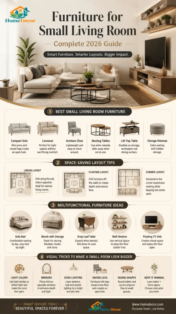  “Luxury-modern infographic showing best furniture for small living rooms, including compact sofa, nesting tables, floating shelves, and space-saving layout ideas.”