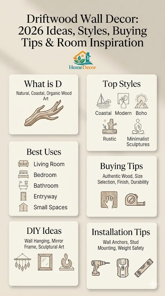 “Minimalist infographic showing driftwood wall decor ideas, styles, buying tips, DIY projects, and installation guidance in a clean coastal design style.”