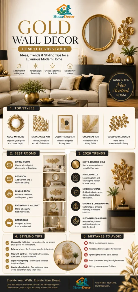  "Luxury-modern infographic showing gold wall decor ideas, 2026 trends, top styles, and styling tips in a refined living room with brushed gold accents."