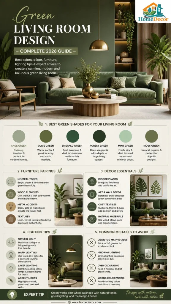 “Luxury-modern green living room infographic showing best green shades, furniture pairings, décor tips, lighting ideas, and 2026 design trends.”