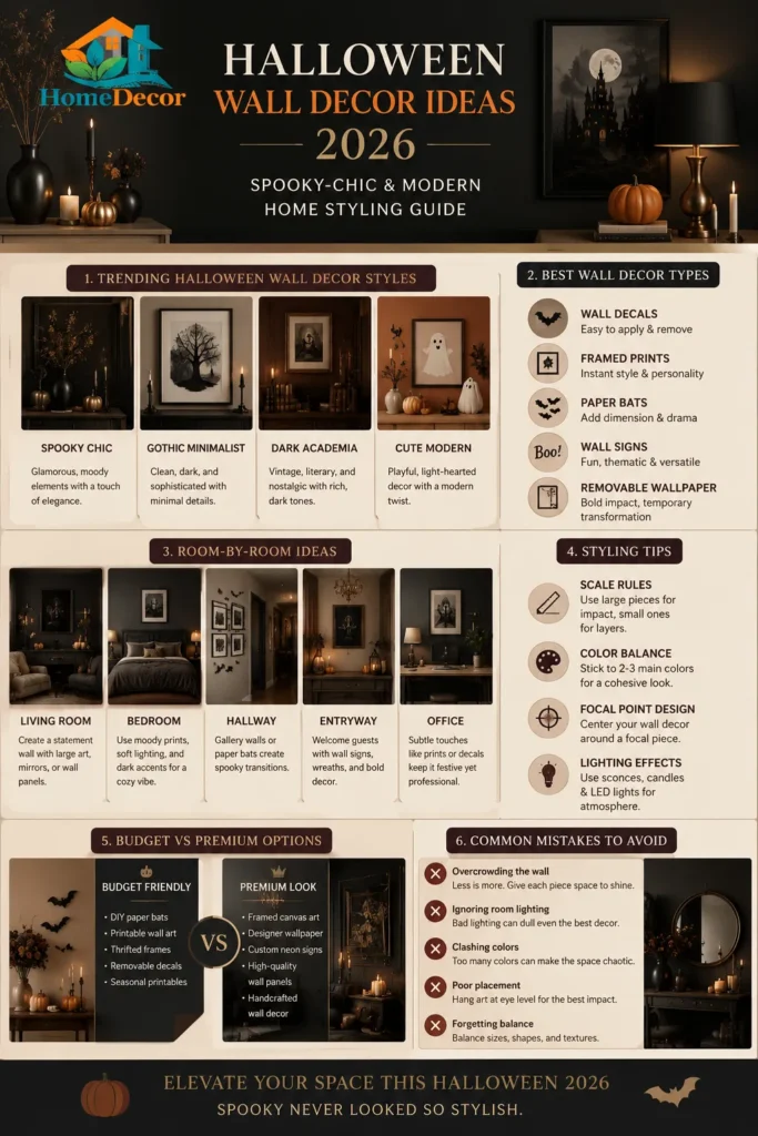 Halloween wall decor ideas infographic 2026 showing spooky chic styles, room-by-room decorating tips, and modern Halloween wall styling inspiration for home interiors.