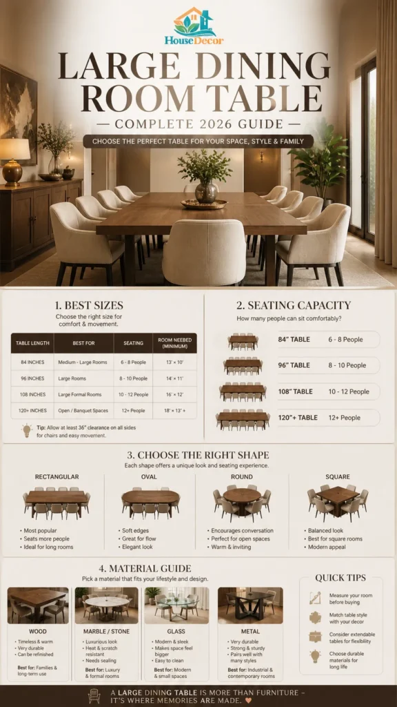 "Luxury-modern infographic showing a large dining room table with seating for 8–10, featuring size charts, seating capacity guide, table shapes, and material tips in a warm, elegant interior design style."

