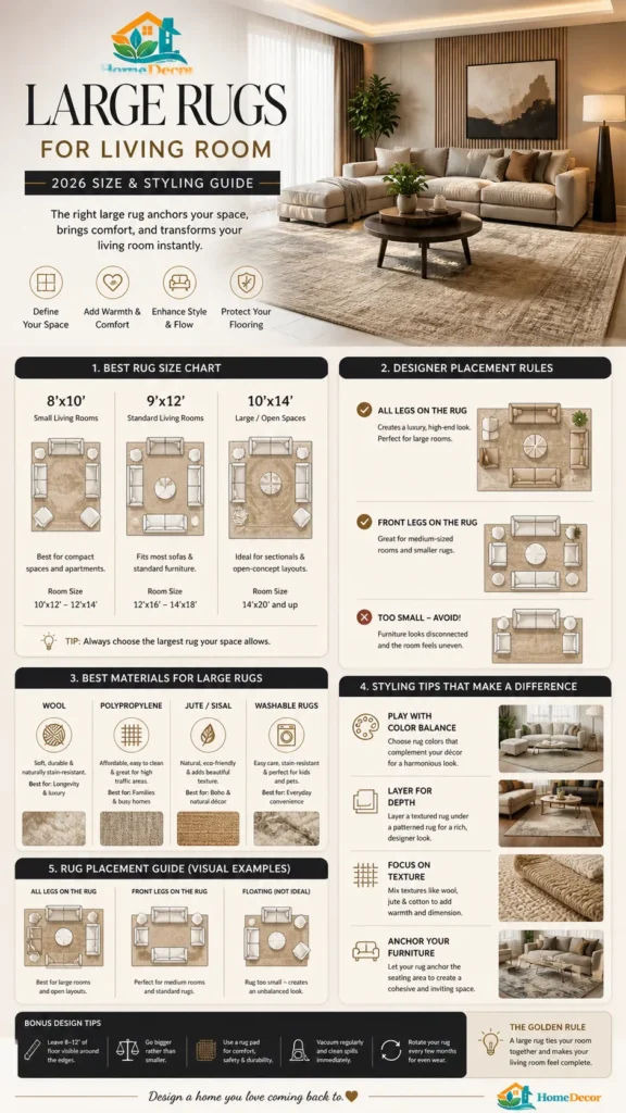 “Luxury modern infographic showing the best large rug sizes, placement rules, materials, and styling tips for living rooms in 2026.”