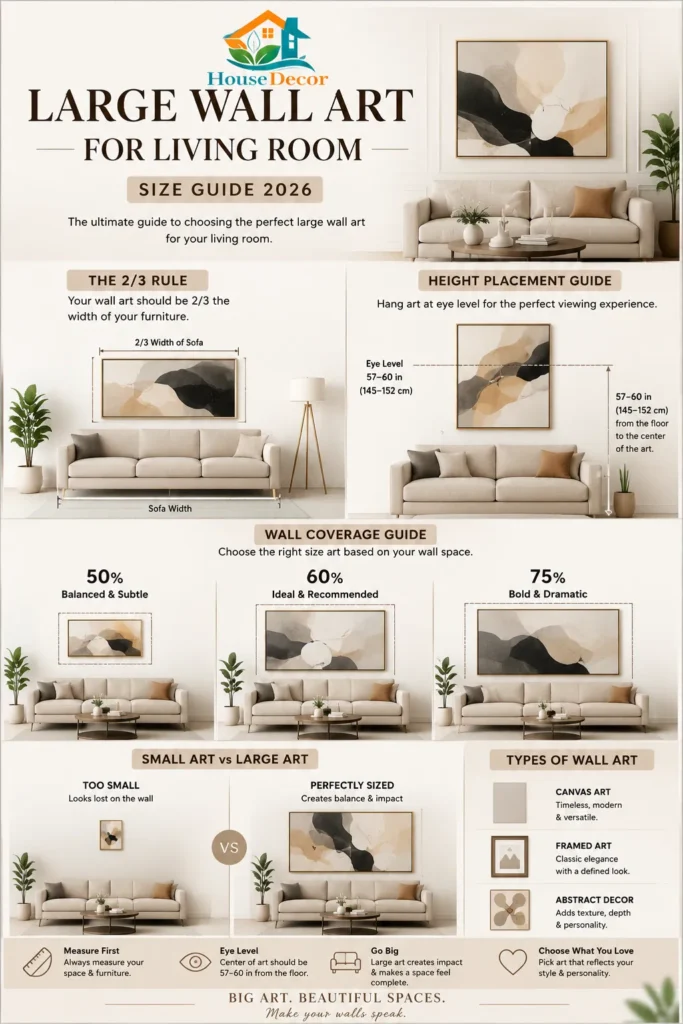  Large wall art size guide infographic for the living room, showing the 2/3 rule, sofa proportions, and ideal wall placement for modern interior design in 2026.