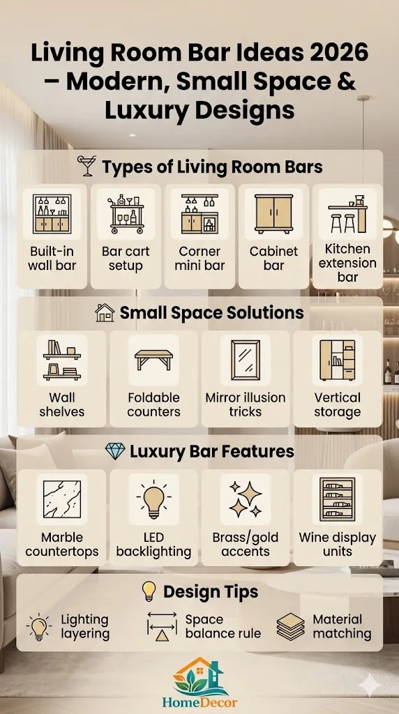 Living room bar ideas 2026 showing modern luxury, small space bar designs, and stylish home bar setups for contemporary interiors.