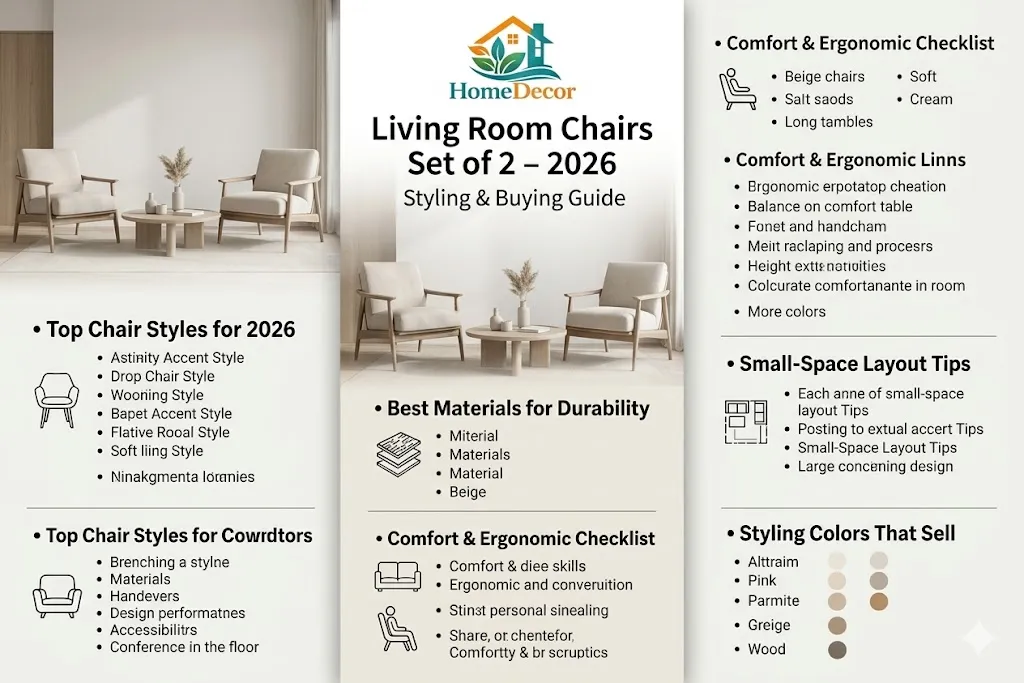 “Luxury-modern infographic showing styling tips, top chair styles, and buying guidelines for a living room chair set of 2 in 2026.”