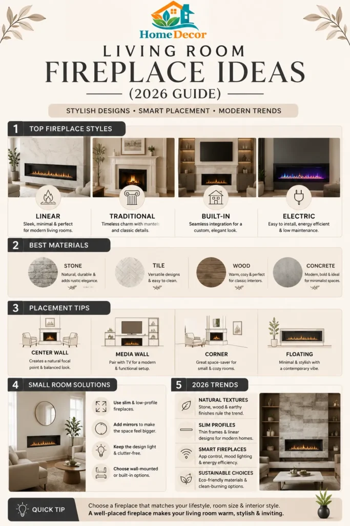 “Modern infographic showcasing 2026 living room fireplace ideas with top styles, materials, placement tips, small-space solutions, and trending fireplace designs.”