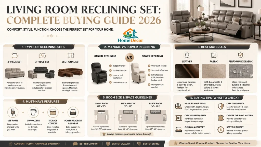 Living room reclining set buying guide infographic showing types, features, materials, and room size tips for choosing the best reclining sofa set in 2026.