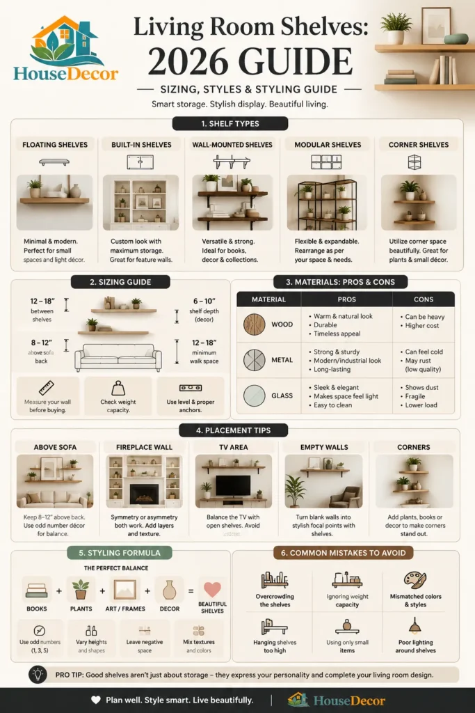 “Infographic guide showing living room shelf types, sizing tips, placement ideas, styling formulas, and design mistakes to avoid in 2026.”