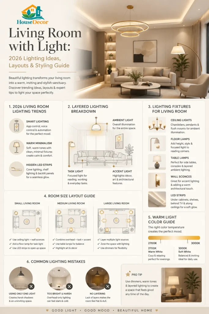 Living room with light infographic showing 2026 modern lighting ideas, layered lighting system, warm interior design tips, and stylish ceiling, floor, and LED lighting layouts.