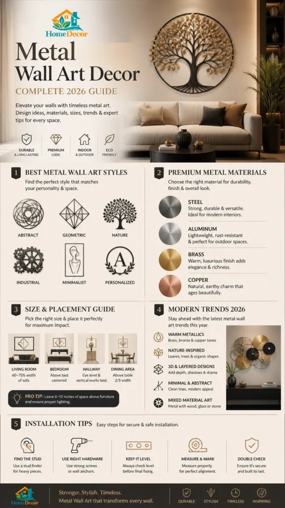  “Luxury-modern infographic titled ‘Metal Wall Art Decor – 2026 Guide’ showing styles, materials, size tips, and metal wall art trends in a warm neutral living room.”