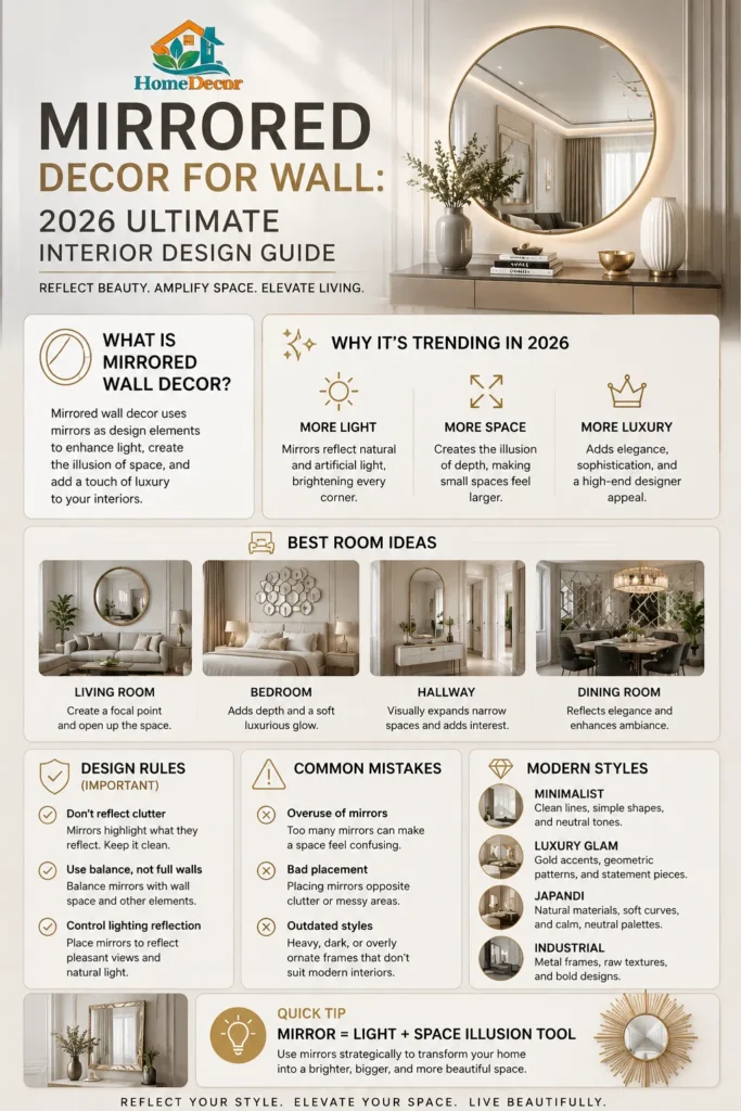  Mirrored decor for wall guide showing 2026 modern interior design ideas, mirror placement tips, and luxury room styling inspiration for small and large spaces.