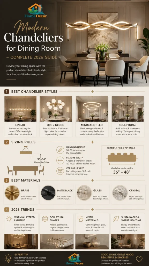 “Modern Chandeliers for Dining Room infographic showing best styles, sizing rules, 2026 trends, and luxury interior lighting ideas.”