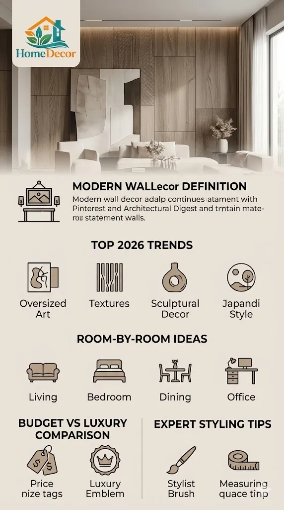 Modern wall decor 2026 infographic showing trends like oversized wall art, textured walls, and minimalist styling ideas for the living room and home interiors.