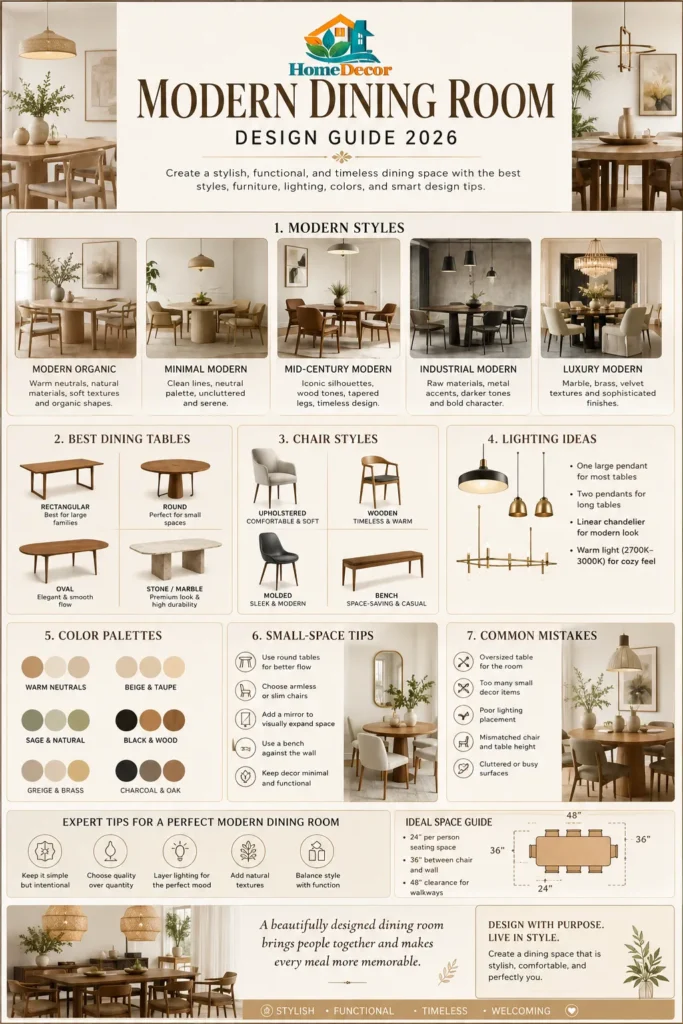 Infographic showing the Modern Dining Room Design Guide 2026 with styles, furniture ideas, lighting tips, color palettes, and small-space solutions in a minimalist neutral layout.