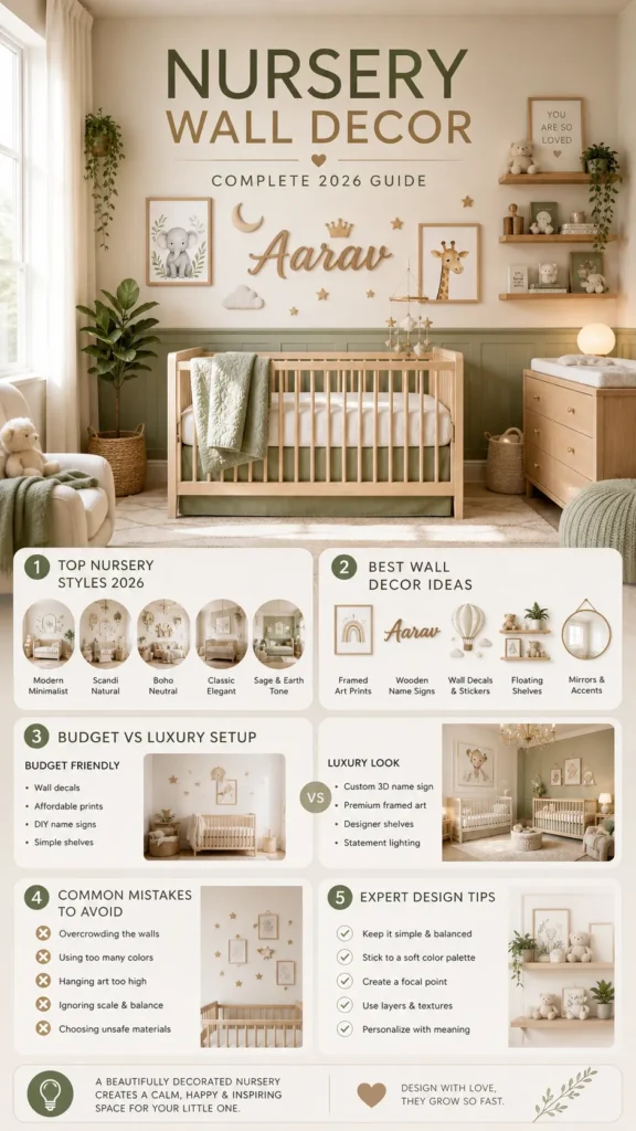 Nursery wall decor ideas 2026 featuring modern boho and minimalist baby room design with framed art, wooden name sign, and soft neutral tones