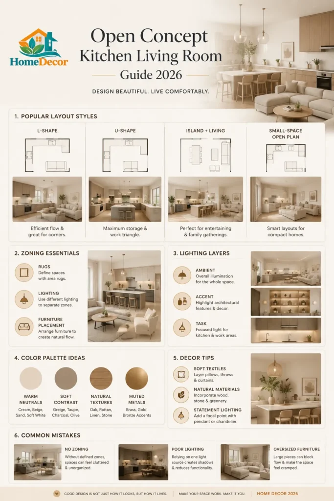  “2026 open concept kitchen living room infographic showing layout styles, zoning tips, lighting layers, color palettes, and modern decor ideas in a luxury neutral design.”
