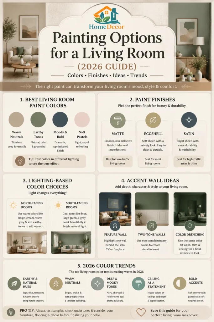 “Infographic showing 2026 painting options for a living room, including trending colors, best paint finishes, accent wall ideas, and lighting-based color recommendations in a clean neutral design layout.”