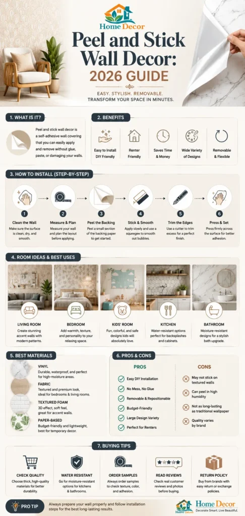 Peel and stick wall decor 2026 guide infographic showing installation tips, benefits, room ideas, materials, and buying advice for modern home decoration.