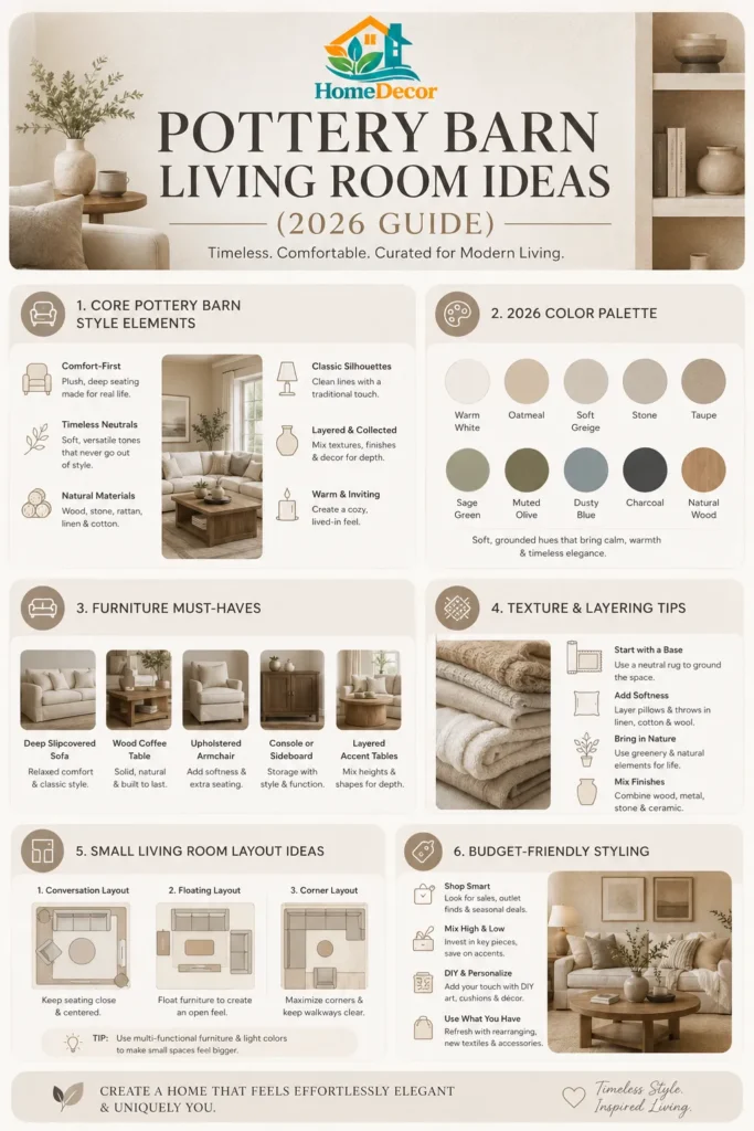 “Infographic showcasing Pottery Barn living room ideas with 2026 color palettes, furniture essentials, layout tips, textures, and styling guidelines in a modern neutral design.”