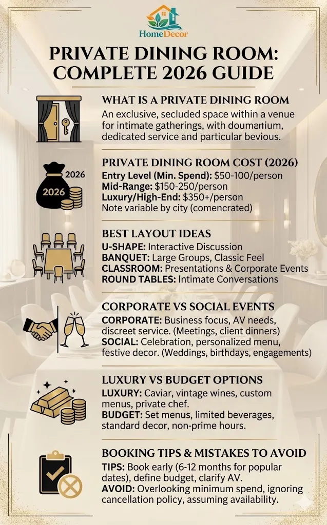 Private dining room infographic showing cost, layout ideas, booking tips, and luxury event setups for corporate and social dining experiences in 2026.