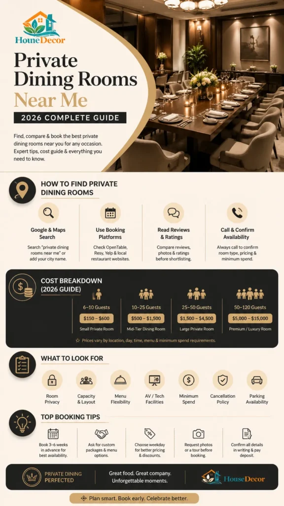  “Luxury modern infographic guide showing how to find and book the best private dining rooms near me in 2026 with tips, costs, and venue features.”