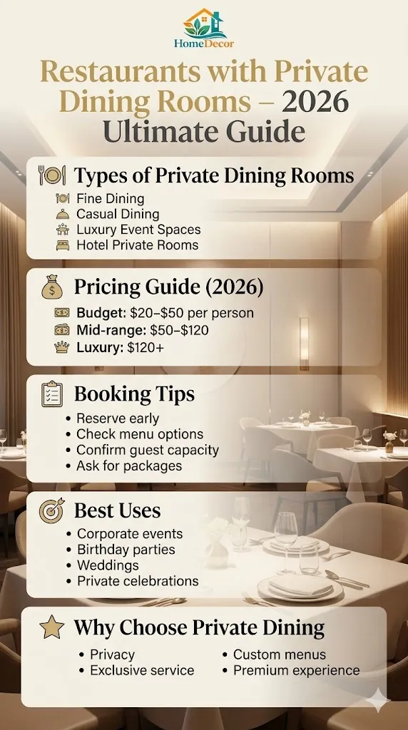 Luxury infographic showing restaurants with private dining rooms, types, pricing, booking tips, and event ideas for corporate and private celebrations in 2026.