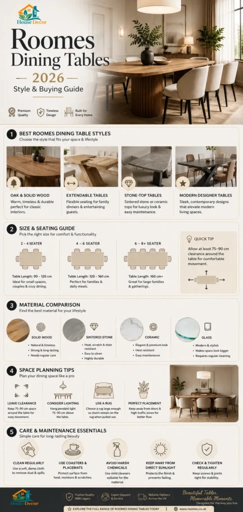 Luxury-modern infographic showing the 2026 Roomes Dining Tables Guide with styles, size chart, materials, and buying tips in a high-end dining room design.
