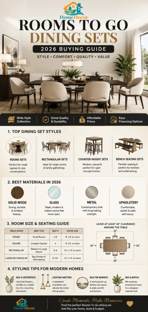 “Luxury-modern infographic showing Rooms To Go dining set styles, materials, seating layouts, and buying tips in a clean contemporary dining room.”