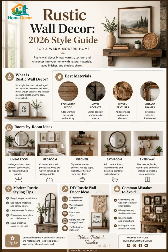 Rustic wall decor ideas for 2026 showing modern farmhouse style, reclaimed wood, vintage frames, and cozy home interior wall styling inspiration guide.