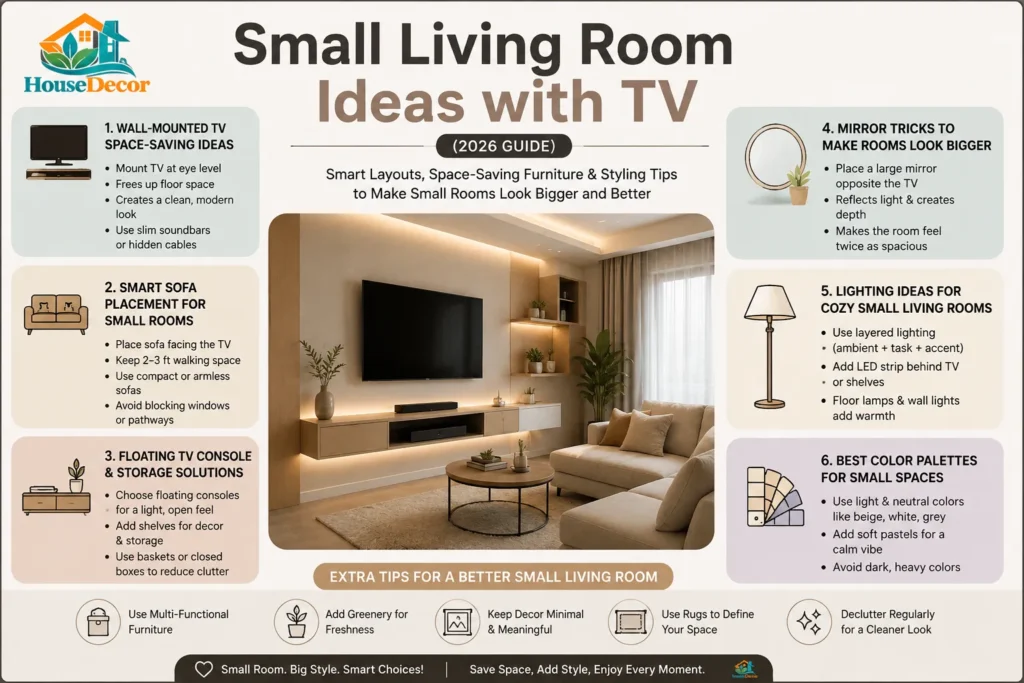 Small living room ideas with a TV showing a modern wall-mounted TV setup, floating console, and space-saving furniture design in a cozy minimalist interior style for 2026 homes