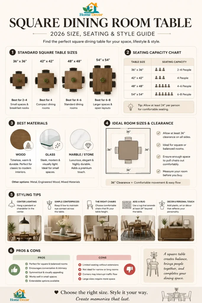 “Minimalist infographic showing square dining room table sizes, seating capacity, ideal room dimensions, materials, and styling tips in a clean neutral color palette.”
