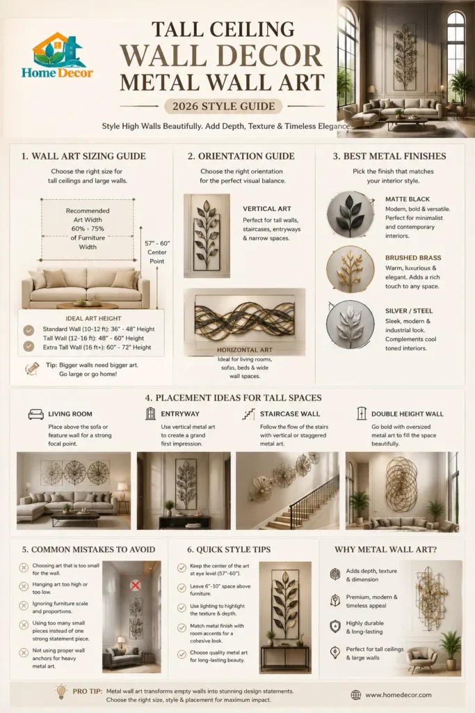 Tall ceiling wall decor, metal wall art, infographic showing sizing guide, placement tips, and modern interior design ideas for luxury homes in 2026.