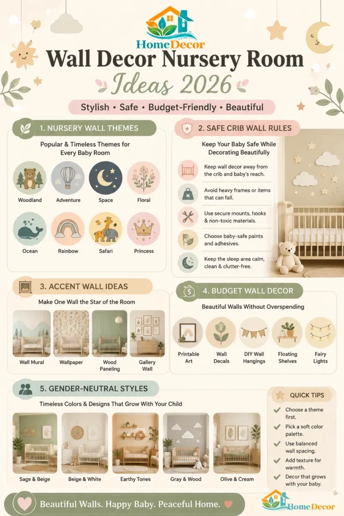 “Infographic showing 2026 nursery wall decor ideas, safe crib wall rules, trendy themes, accent wall designs, and budget-friendly baby room wall styling tips in soft neutral colors.”