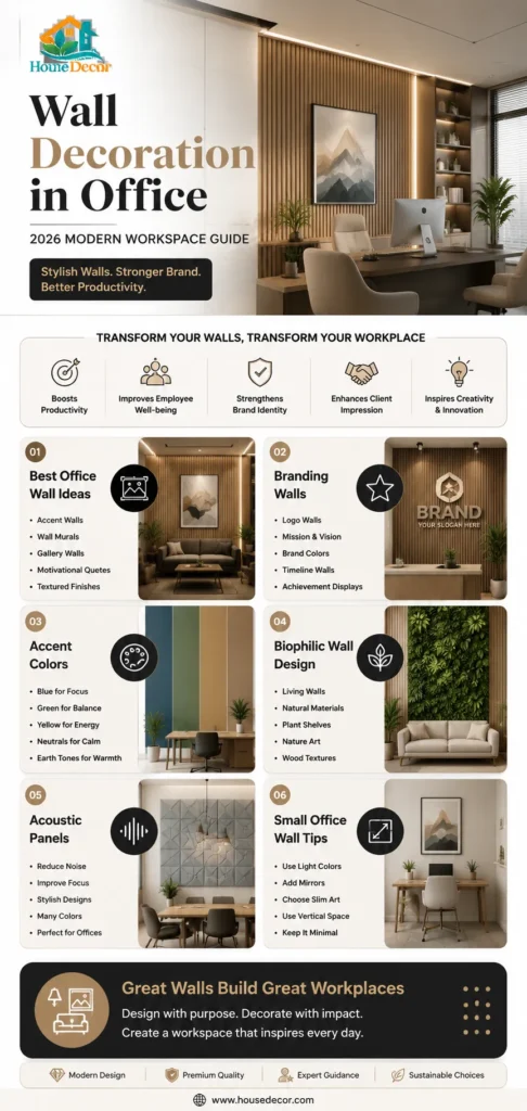 “Luxury modern office wall decoration infographic showing branded walls, accent colors, biophilic design, and acoustic wall ideas for a professional workspace.”