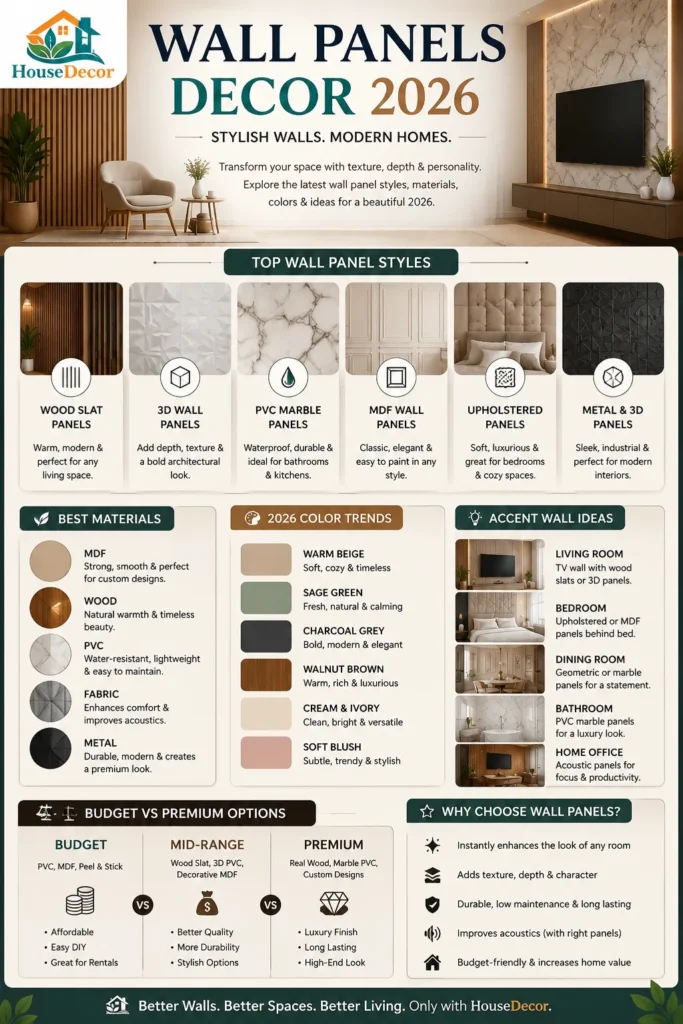 “Modern infographic showing top wall pane decor trends for 2026, including wood slats, 3D panels, PVC marble designs, trending colors, materials, and accent wall ideas.”