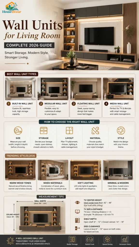 “Modern living room infographic showing luxury wall units with TV, floating shelves, hidden storage, design tips, and 2026 styling trends in warm neutral colors.”
